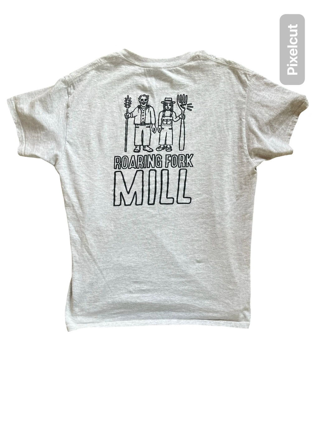 Grey t-shirt with black farmer illustration and text logo on a white background