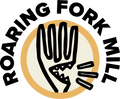 Logo of Roaring Fork Mill with a talking black pitchfork on a beige background.