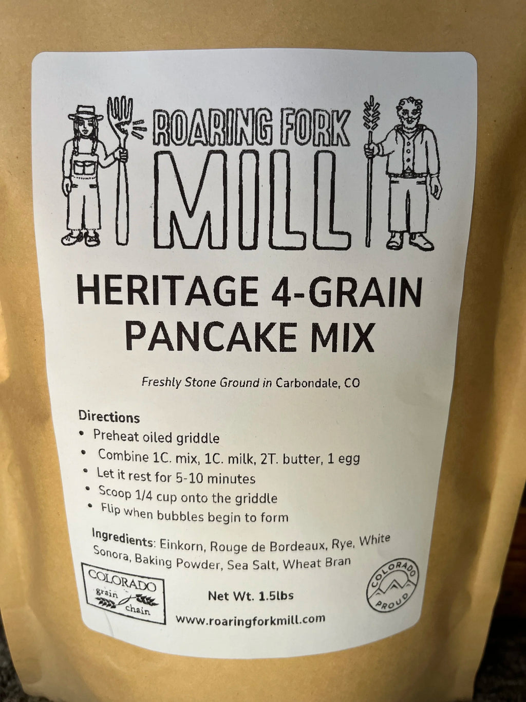Roaring Fork Mill heritage 4-grain pancake mix packaging with label