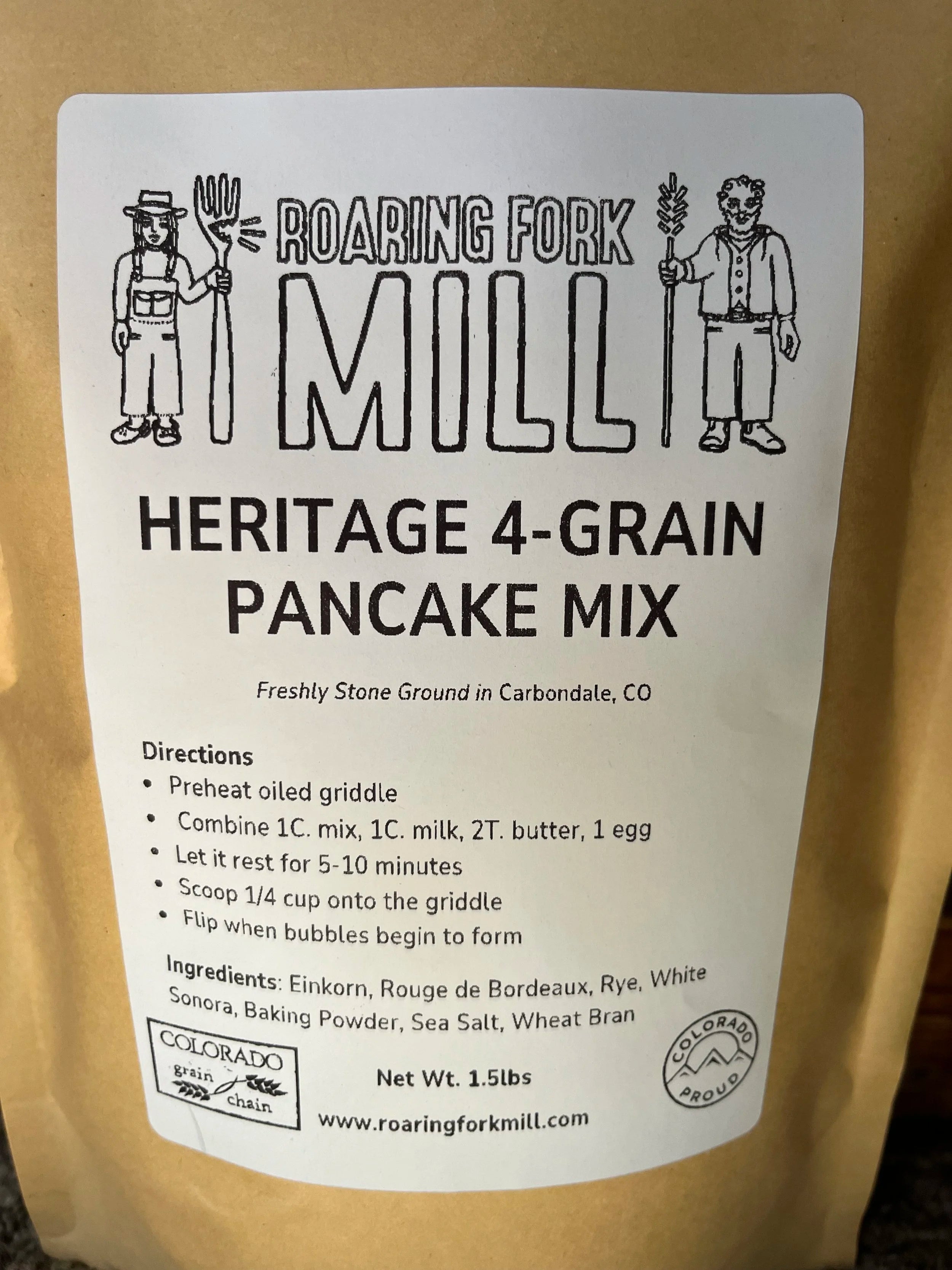 Roaring Fork Mill heritage 4-grain pancake mix packaging with label