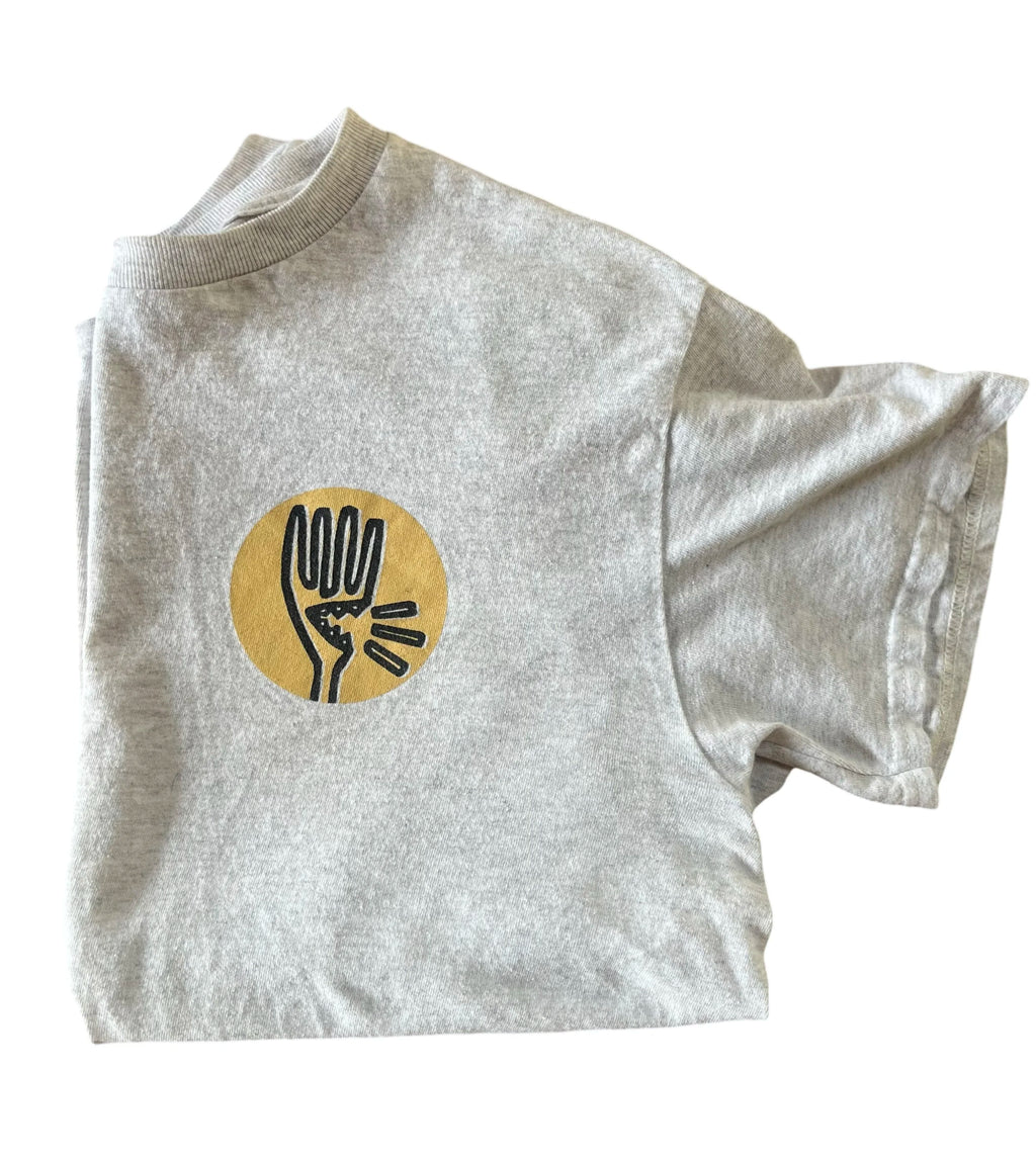 Gray t-shirt with a Roaring Fork Mill logo on a white background