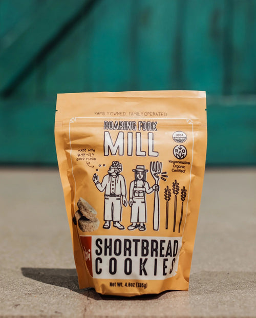 Bag of Roaring Fork Mill Shortbread Cookies on a neutral background